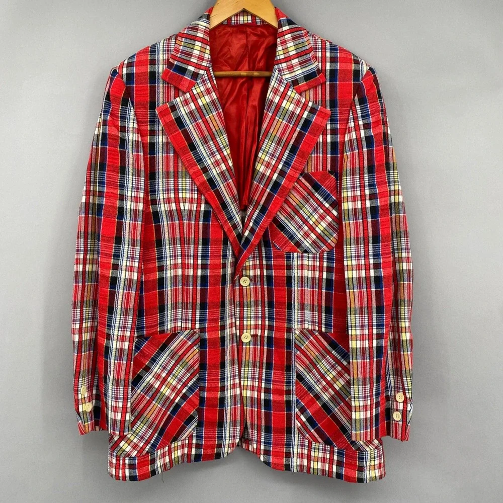 Vintage 70s Johnny Carson Red Tartan Plaid Sport Coat Blazer Mens 40R Mod